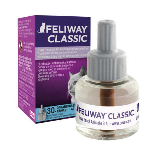 Feliway Classic refill t/diffusor, 48 ml 274893 Feliway ligner hunkattens naturlige feromon mest muligt og virker ved at fjerne eller forebygge frygt eller stressrelaterede reaktioner hos killinger og katte.