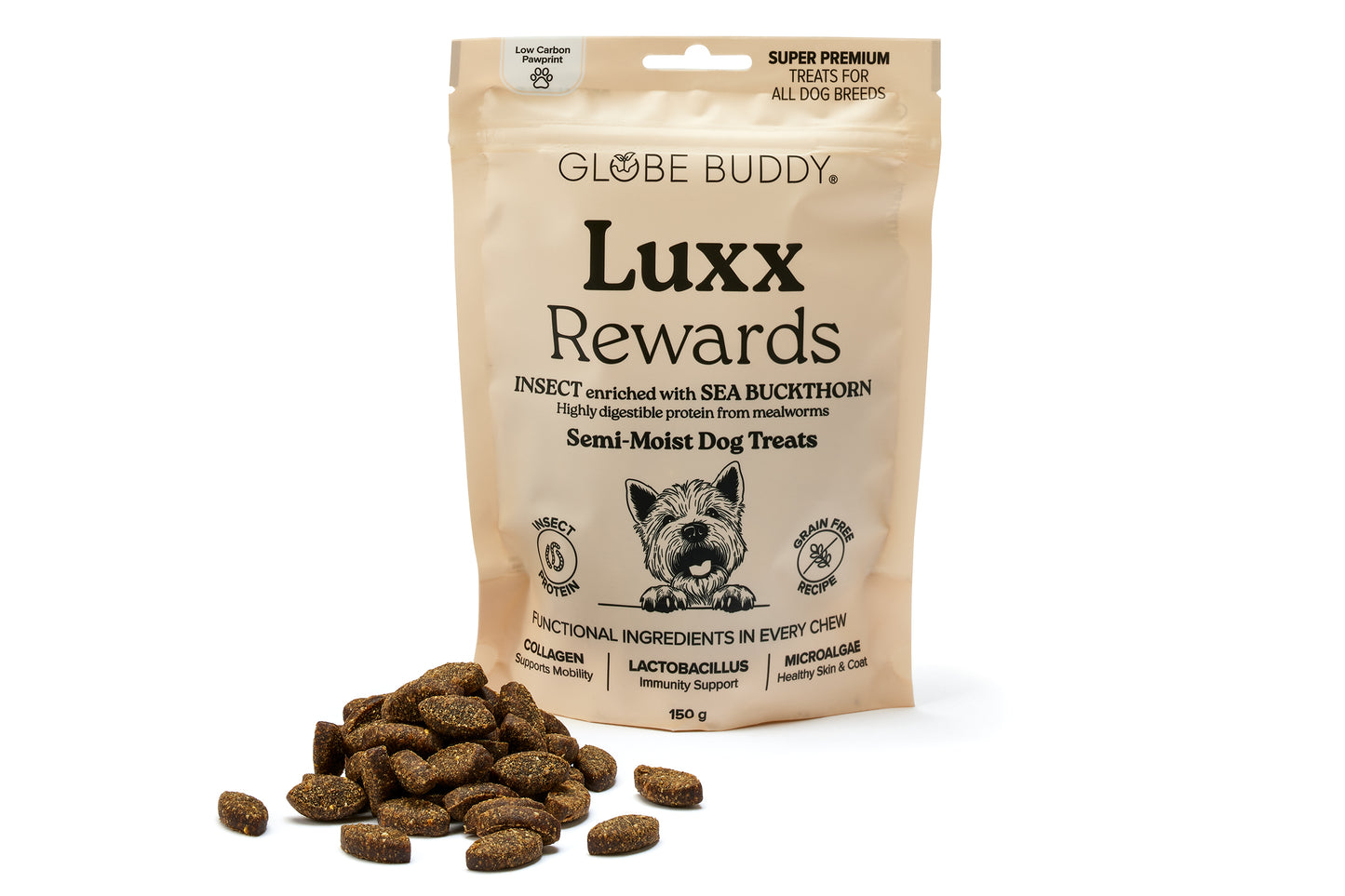 Globe Buddy Luxx Rewards, bløde snacks, insektprotein og havtorn