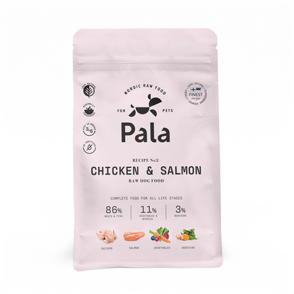 Pala complete raw dog food, Chicken and Salmon recipe