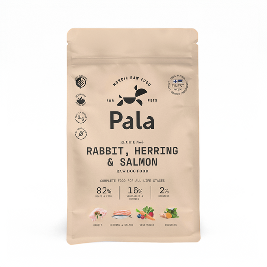 Pala complete raw dog food, Rabbit Herring and Salmon recipe