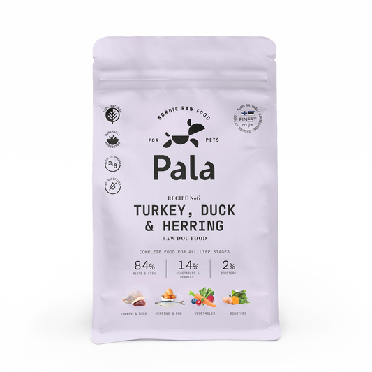 Pala complete raw dog food, Turkey Duck and Herring recipe