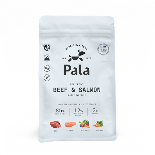 Pala complete raw dog food, Beef and Salmon recipe