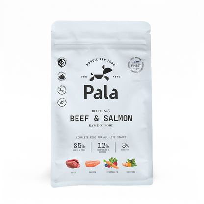 Pala complete raw dog food, Beef and Salmon recipe